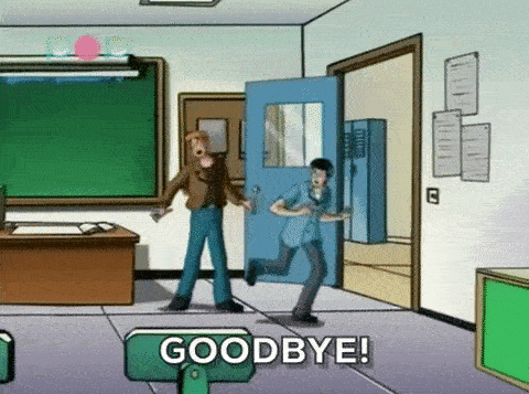 Cartoon men saying goodbye and exiting classroom